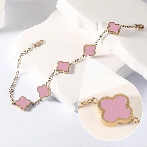 18K Gold Plated Pink 8.31” Clover Bracelet - Picture 2 of 4